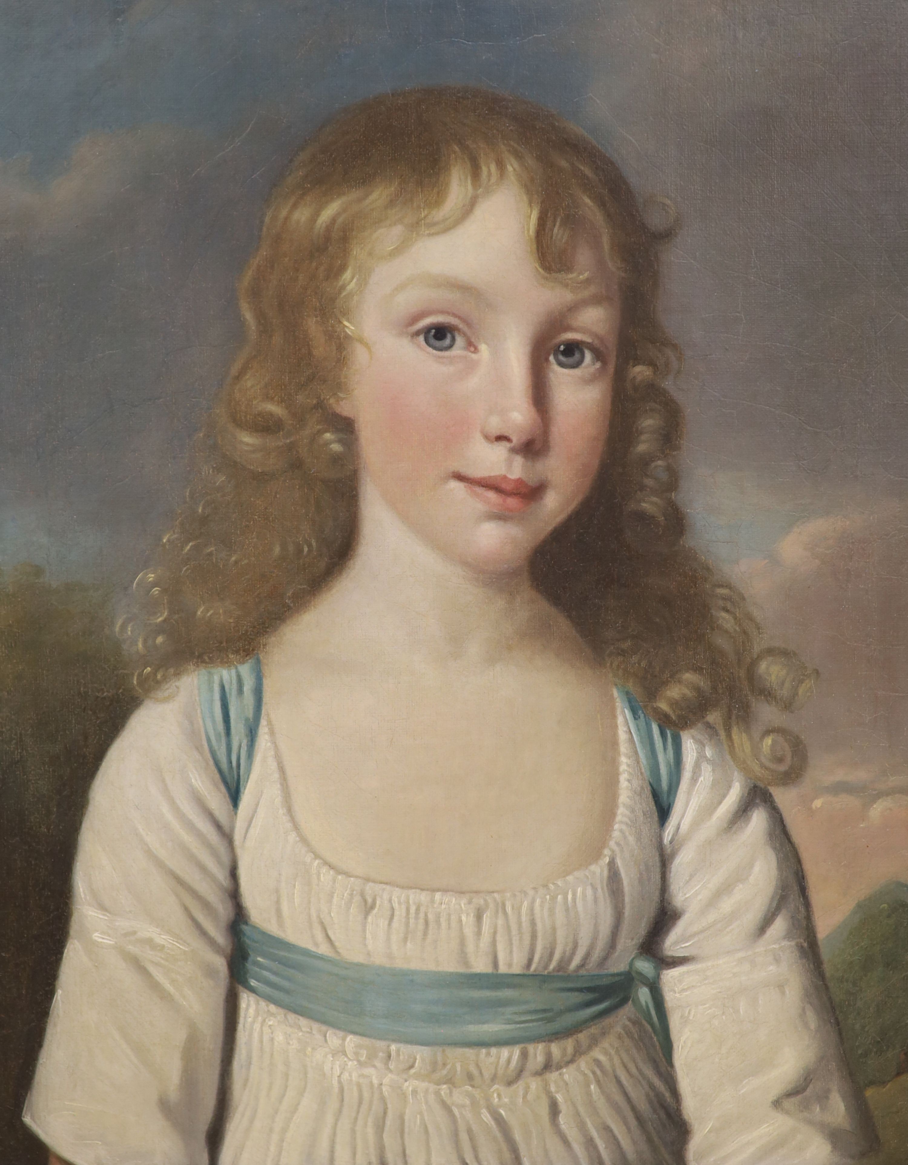 Early 19th century English School, oil on canvas, Portrait of a child wearing a ribbon tied dress, 44 x 34cm
